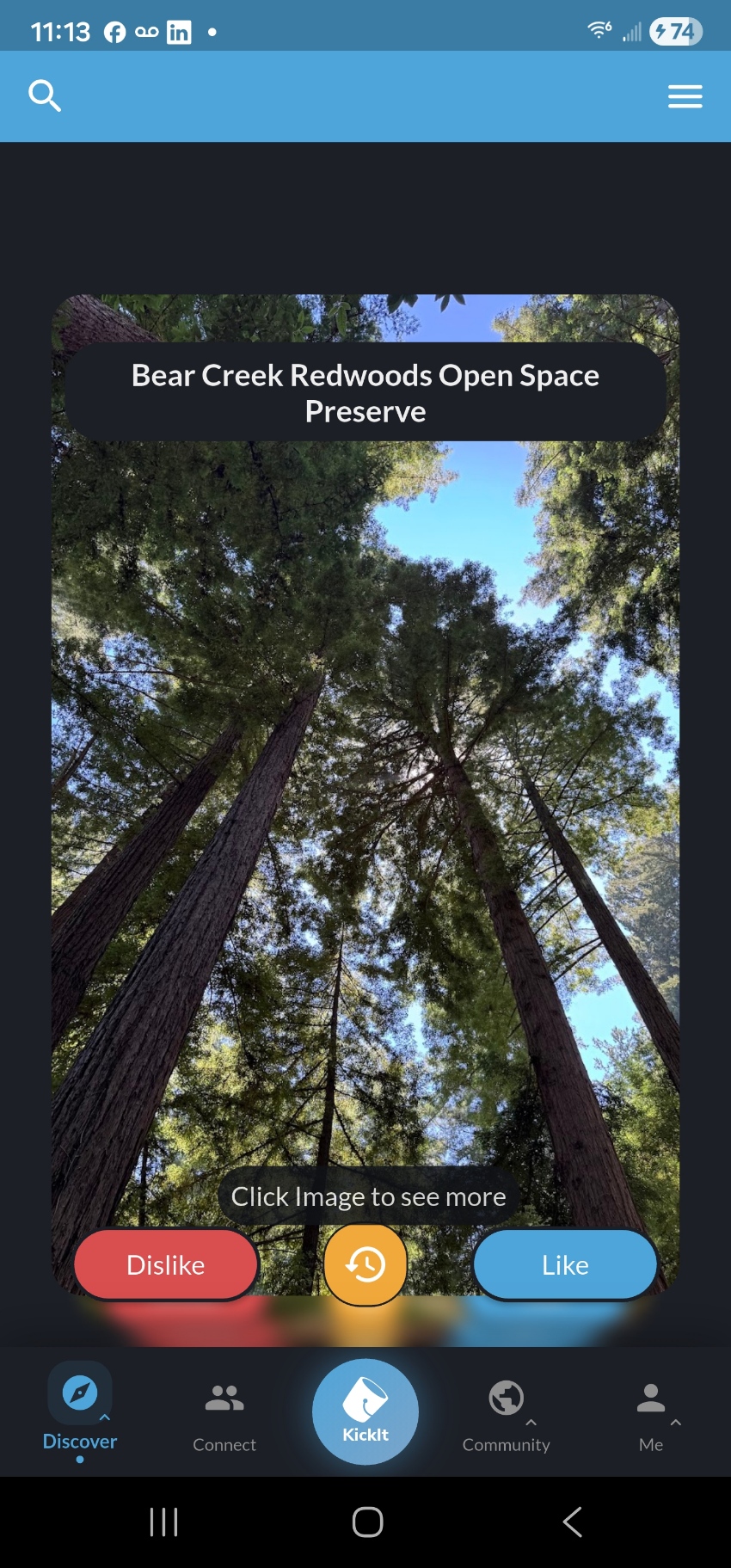 Kick It Discover screen showing Bear Creek Redwoods Open Space Preserve with swipe cards