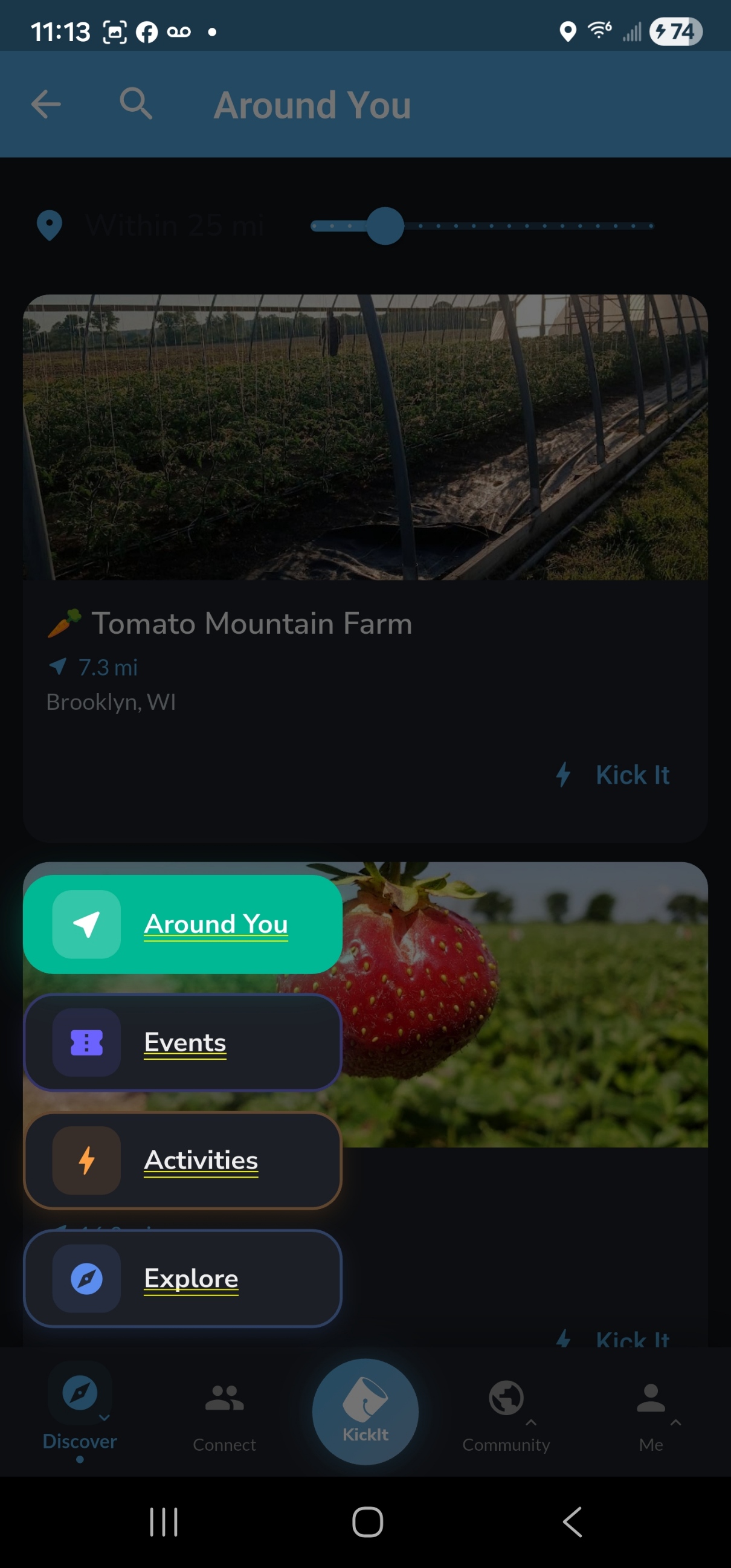 Kick It Around You screen showing local places, events, activities, and explore categories