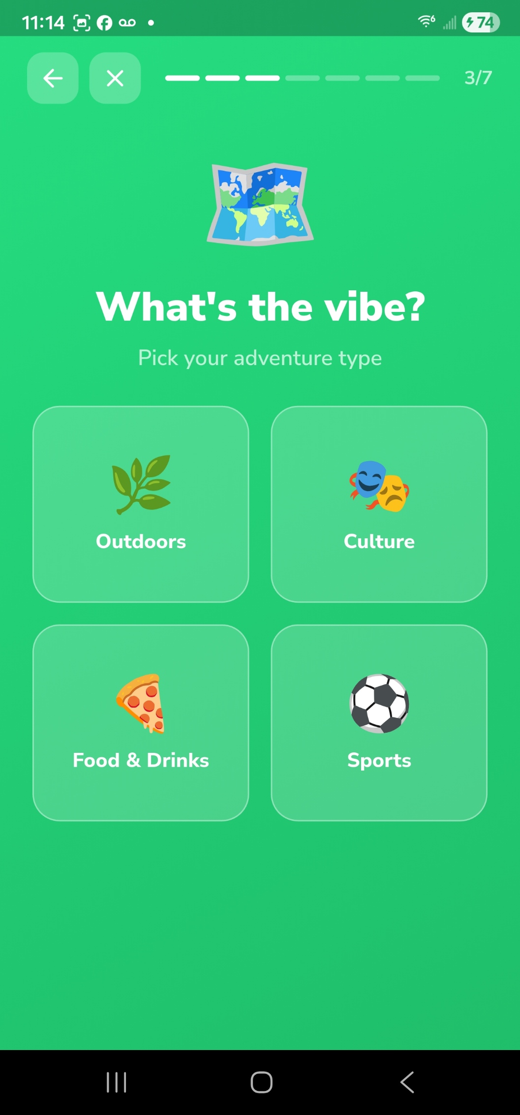 Kick It What's the Vibe screen with Outdoors, Culture, Food and Drinks, and Sports options