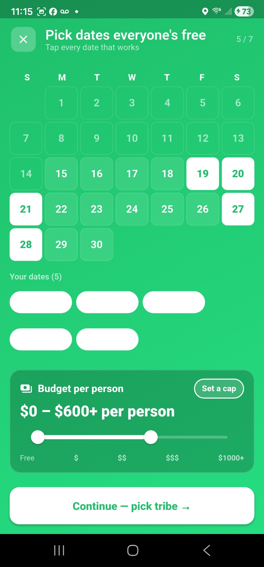 Kick It Pick Dates and Budget screen with calendar and budget slider