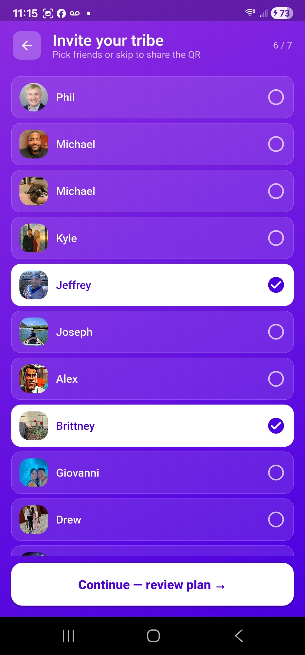 Kick It Invite Your Tribe screen showing friend list with checkboxes