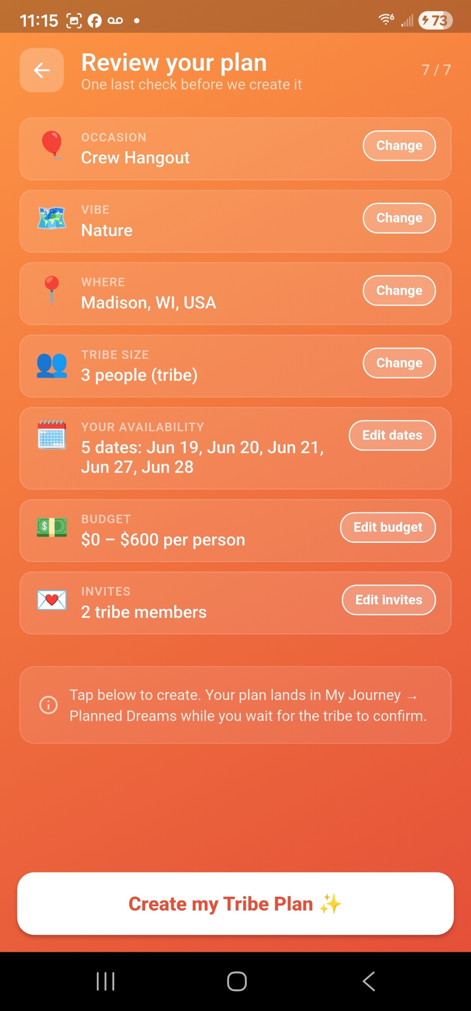 Kick It Review Your Plan screen showing occasion, vibe, location, dates, budget, and invites