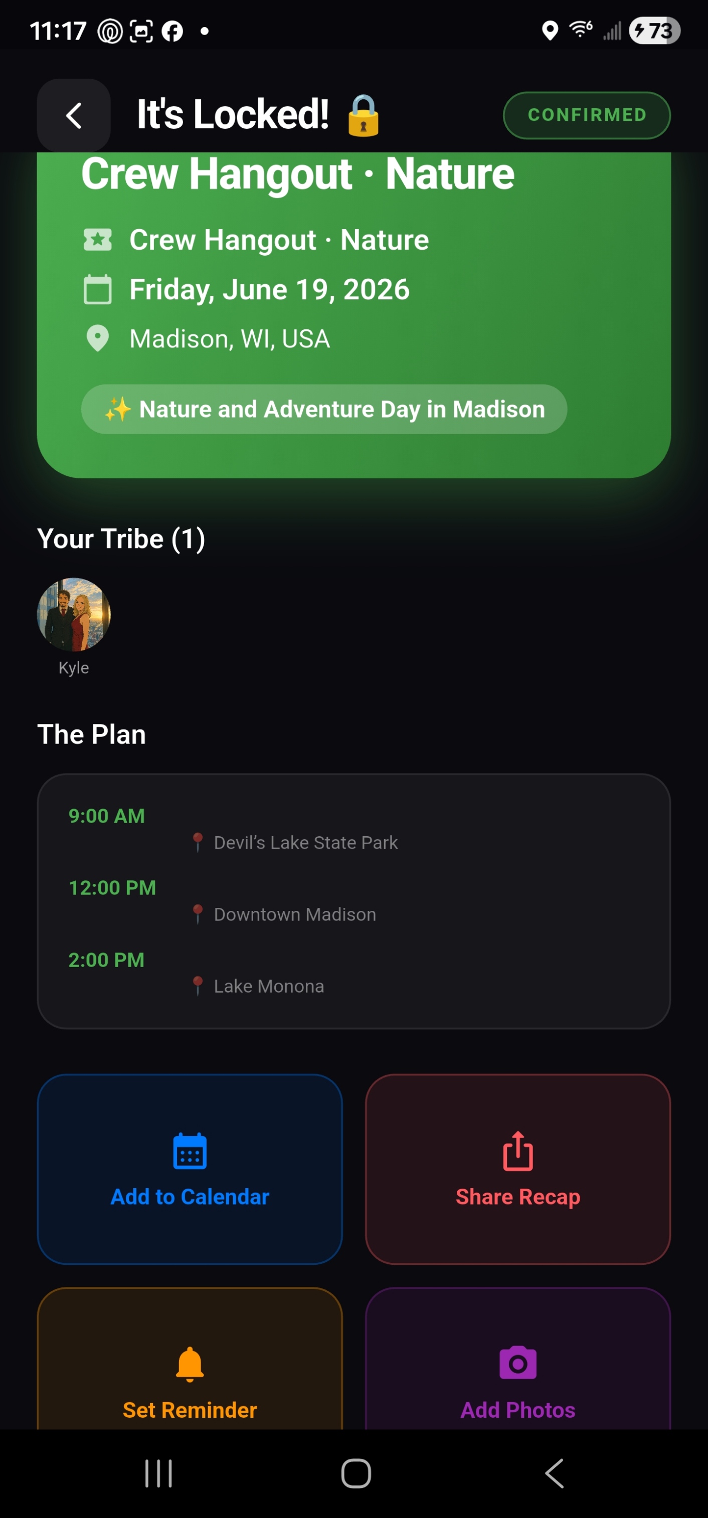 Kick It Locked Plan screen showing confirmed Crew Hangout Nature plan with itinerary